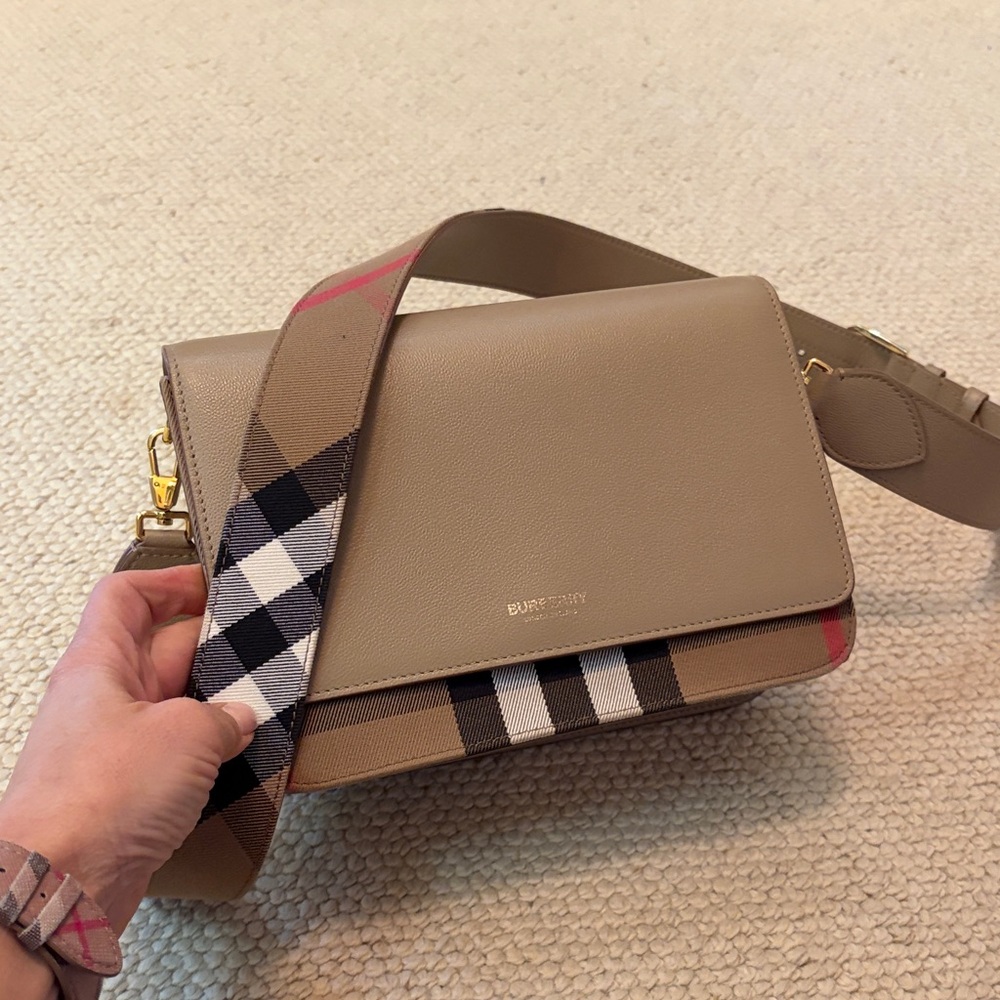 Burberry Beige Leather Shoulder Bag with Check Strap